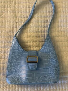 Princess Polly Light Blue Croc-Embossed Shoulder Bag with Gold Buckle